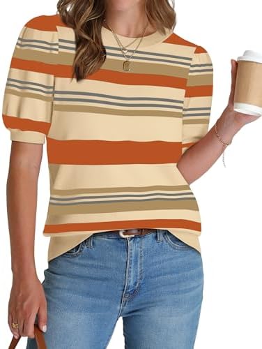 Warm orange stripes bring a cheerful pattern to this lightweight knit sweater top with gently gathered puff sleeves.