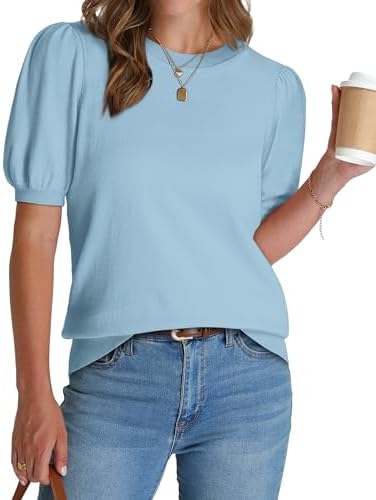 Soft puff sleeves and fine ribbing give this sky blue short sleeve sweater a polished feel that pairs easily with white denim.