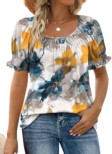 A wide square neckline and gentle ruching meet breezy floral Print A across this light, relaxed summer blouse.