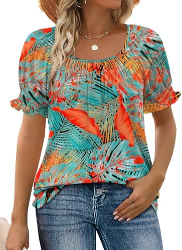 A square neckline with soft ruching meets vibrant tropical print on this airy summer puff-sleeve top.