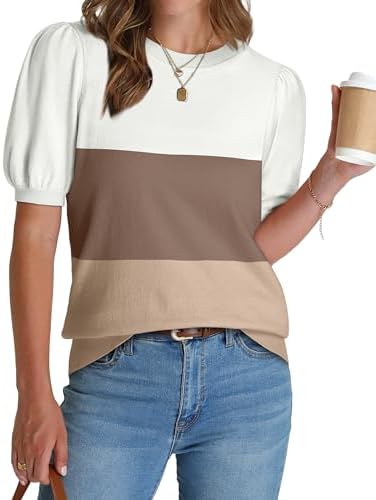 Soft horizontal color blocking in white, brown, and khaki updates this short-sleeve knit sweater with neat puff sleeves.