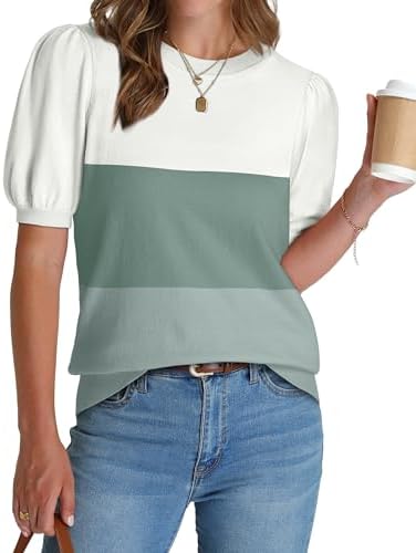 Crisp bands of white, green, and blue give this light short-sleeve sweater a fresh look that pairs cleanly with denim or twill trousers.