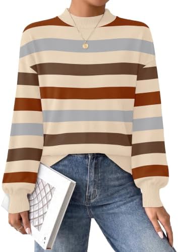 Striped in soft brown and grey tones, this cozy knit sweater features a neat mock neck and gentle puff sleeves.