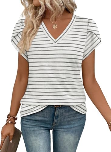 Fine grey stripes meet petal-like tulip sleeves on a loose summer top cut from breathable stretch knit.