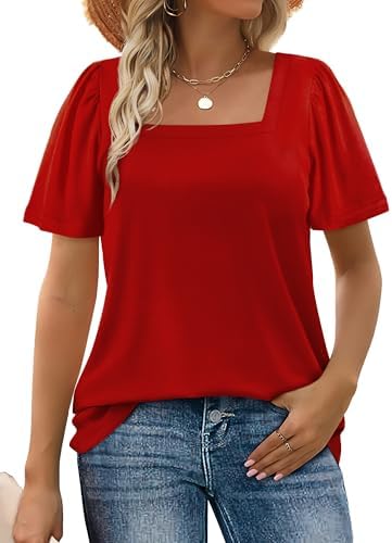 A square neckline and gentle puff sleeves give this bright red summer tee a clean, sharp look that dresses up or down.