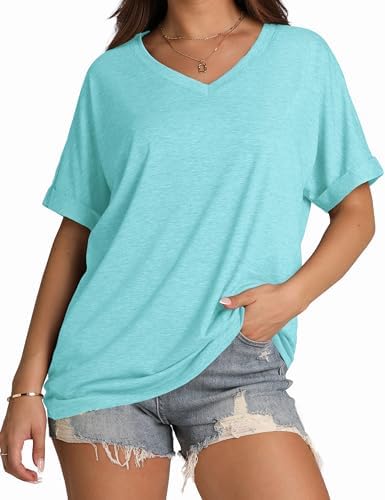 A cool lake green tee cut loose with rolled short sleeves and a neat V-neck for warm days.