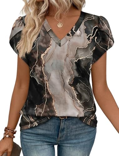 Petal sleeves with delicate lace trims frame this soft V-neck blouse in a smoky tie dye black print.