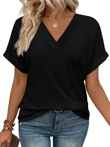A relaxed v-neck top knit from soft rayon blend jersey with rolled short sleeves for easy warm days.