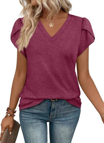 Overlapping tulip sleeves give this rich purple tee an easy shape that dresses up with trousers or tucks into light shorts.