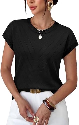 Subtle textured lines run down this deep black knit top, giving a classic cap sleeve crewneck extra depth and polish.