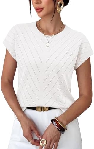 A lightweight fine knit top in crisp white, finished with textured vertical lines and neat ribbed trim.