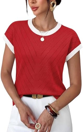 A rich red knit with vertical texture and ribbed edges gives this warm-weather short sleeve sweater an easy, put-together finish.