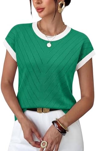 Fine-gauge textured knit sweater in a rich green hue, cut with cap sleeves and a classic crew neckline for warm-weather workdays.