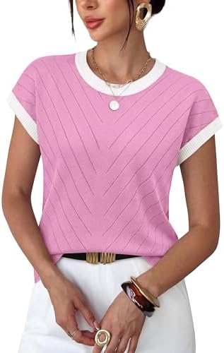 A vivid hot pink knit top with textured lines and a classic crewneck keeps sunny days bright and comfortable.