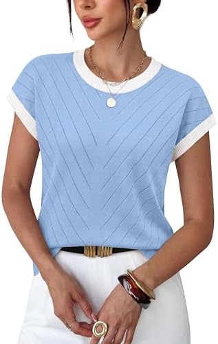 Knitted in a cool light blue with fine vertical ribbing, this short sleeve top brings soft texture to warm-weather dressing.