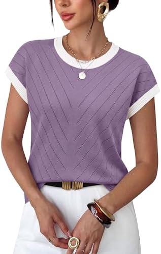 A thin sweater knit in rich purple with fine textured line details, cap sleeves, and neat ribbed trim at the hems.