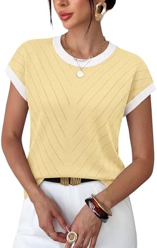A sunny yellow fine-gauge knit top with subtle textured lines, cap sleeves, and clean ribbed trim for warmer days.