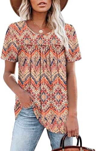 Soft pleats meet a bold Bohemia print across the chest of this loose summer blouse, tailored with an easy crewneck.