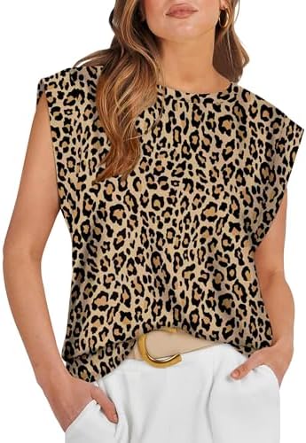 A loose crewneck tank in crisp leopard print that tucks easily into denim cutoffs or black trousers for sunny days.