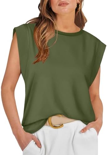 An olive green muscle tank cut with brief cap sleeves and a loose body that sits easily over denim or linen shorts.