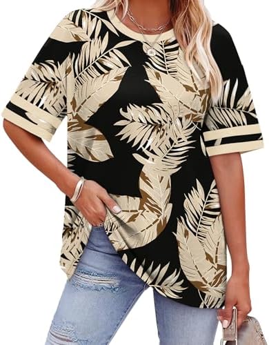 Palm fronds in warm beige sweep across a deep black ground on this soft, easy half-sleeve knit tee.