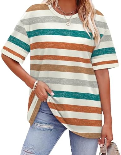 Bright orange striped bands trim each half sleeve on this soft, relaxed crewneck knit tee.