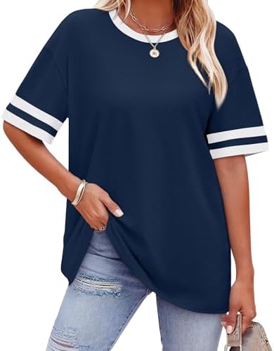 Sporty striped sleeve cuffs accent this deep navy blue tee, cut with a relaxed half sleeve and a soft summer knit.