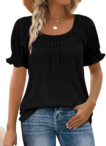 A crisp square neckline and smocked puff sleeves bring structured polish to this soft black summer top.