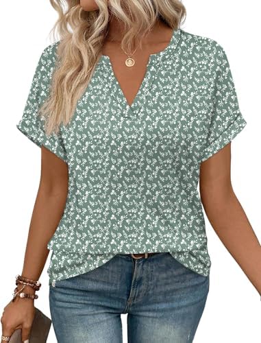 A leafy botanical print in lush green sets a breezy tone for this loose v-neck tee with rolled sleeves.