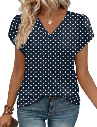 Crisp navy blue with neat white polka dots shapes this soft stretch blouse, detailed with overlapping petal sleeves and an open V-neck.