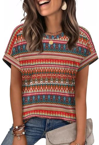 Vibrant boho stripes run across a soft stretch knit, cut with breezy cap sleeves for warm afternoons and weekend trips.