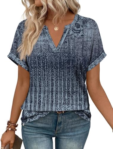 Tonal patterns across dark navy give this breezy short sleeve top a relaxed, vacation-ready look for warm days.