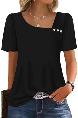 A defined square neckline with decorative button accents gives this solid black short sleeve top a crisp, pulled-together look.
