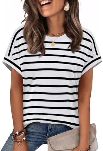 Crisp black and white stripes meet a soft stretch knit and subtle cap sleeves on this everyday crewneck tee.