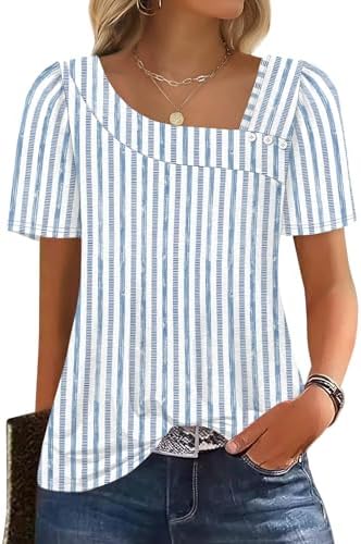Crisp blue stripes meet a button-trimmed square neck and soft puff sleeves on this easy-packing summer top.