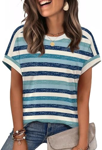 Crisp blue stripes run across this soft cap sleeve tee, cut loose enough through the body to knot at the waist.