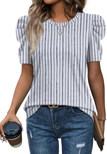 Crisp blue stripes meet structured puff sleeves in an airy summer knit that dresses up white denim or tailored office trousers.