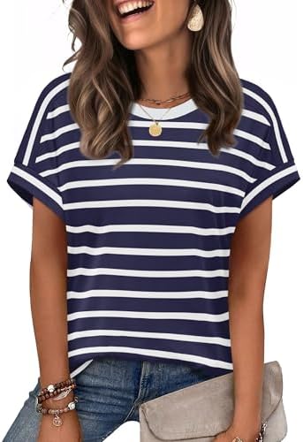 Crisp navy stripes run horizontally across this soft cap-sleeve tee, giving standard denim shorts an easy nautical lift.