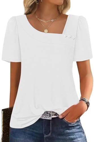 A crisp white summer top featuring decorative buttons along the square neckline and subtle volume through the short sleeves.