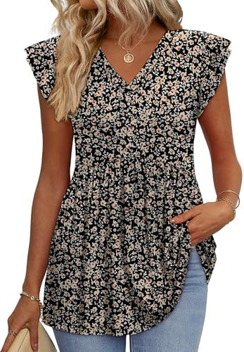 A dark ground floral print with soft flutter sleeves gives this lightweight babydoll top an easy breezy drape for warm afternoons.