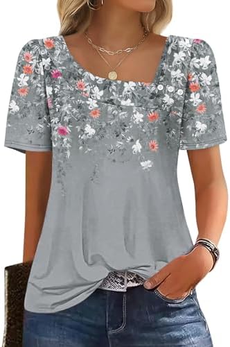 Gentle grey floral print covers this square-neck summer top, detailed with button accents and soft puff sleeves for sunny days.