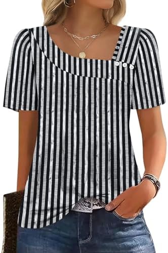 Crisp black stripes and puff sleeves give this square-neck summer top a clean, tailored finish.