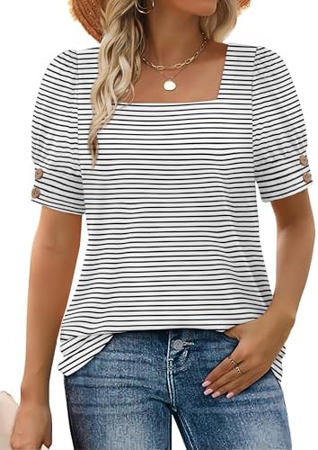 Crisp white stripes run across this square-neck summer top, finished with button-accented puff sleeves for easy daily wear.