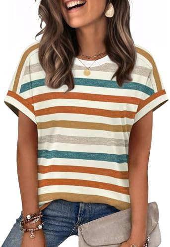 Bright orange stripes and easy cap sleeves give this soft stretch knit top a sunny look for warm afternoons.