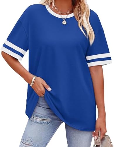 Striped sleeve cuffs and a deep ocean blue shade give this roomy crewneck tunic an easy, pulled-together feel on warm days.