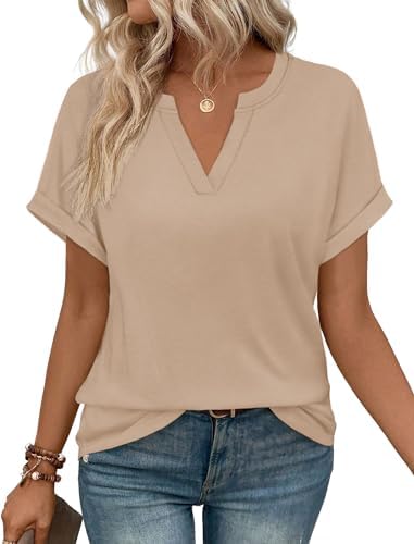 A relaxed v-neck top in soft khaki knit with rolled cuffs and a tunic length hem that covers the hips.