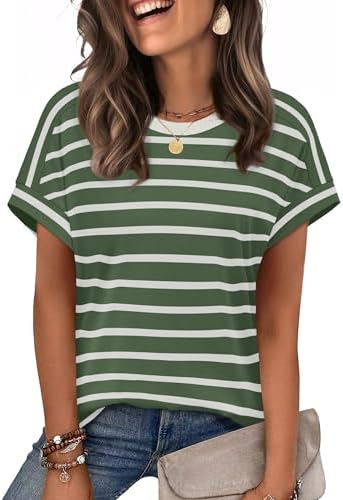Tonal army green stripes bring a crisp pattern to this cap sleeve crewneck tee, cut loose in our soft stretch jersey knit.