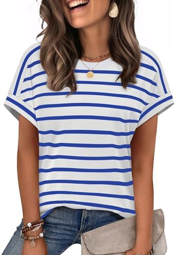 Clean blue stripes and trimmed cap sleeves give this soft jersey tee a nautical look that pairs neatly with white denim.