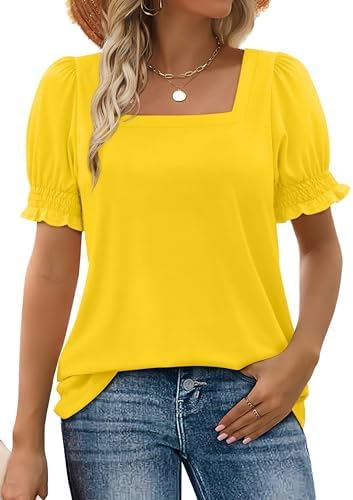 Sunny yellow jersey and airy flutter sleeves turn this square-neck summer top into an easy choice for bright days outdoors.