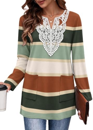 Striped bands meet delicate lace trim on this soft long sleeve tunic cut with two side pockets and a relaxed hip-length hem.